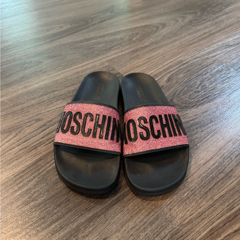Moschino Glittery Pink and Black Slides